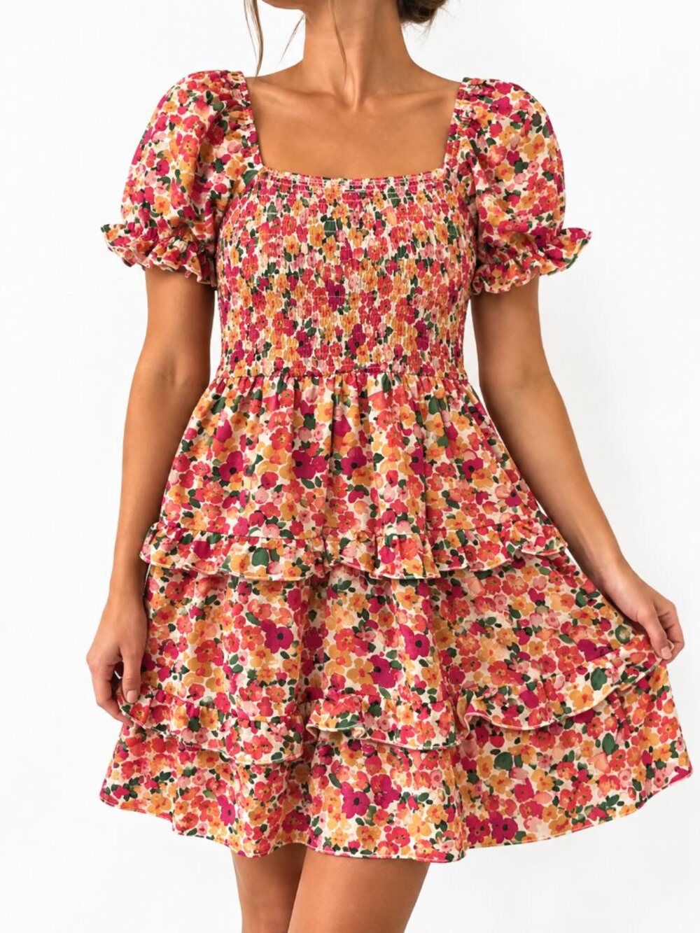 Bright Floral Puff Sleeve Tiered Dress Small